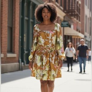 RYEGRASS BROWN FLORAL PRINT BALLOON SLEEVE SMOCKED WAIST MINI DRESS SIZE 1X